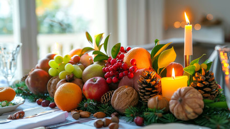 Elegant table centerpiece with nuts, fruits, and candles set for a festive celebration. Concept of holiday dining, healthy snacks, festive decor, natural elements, and elegant settings.の写真素材