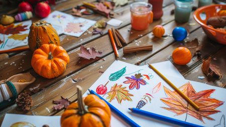 Children's Thanksgiving art and craft table covered with drawings, pumpkins, and autumn leaves. Concept of holiday creativity, kids' activities, seasonal decorations, and family fun.の写真素材