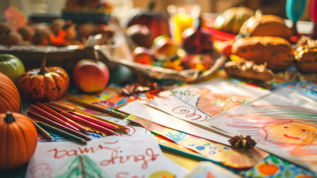 Children's Thanksgiving art and craft table covered with drawings, pumpkins, and autumn leaves. Concept of holiday creativity, kids' activities, seasonal decorations, and family fun.の写真素材