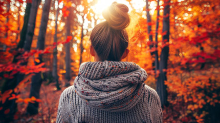 Caucasian woman with blonde hair in a cozy sweater enjoying autumn nature. Concept of fall season, outdoor relaxation, serene landscape, peaceful moment. Copy space.の写真素材