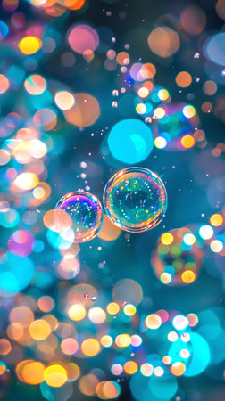 Colorful soap bubbles floating in sparkling bokeh background. Concept of celebration, joy, and festive decorations. Background. Copy space. Vertical.の写真素材