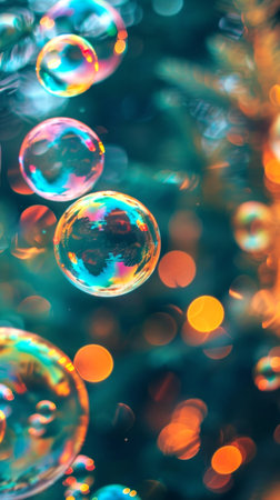 Colorful soap bubbles floating in sparkling bokeh background. Concept of celebration, joy, and festive decorations. Background. Copy space. Vertical.の写真素材