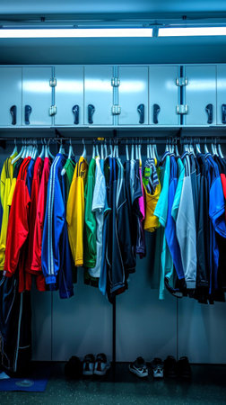 Various sports jackets hanging in a locker room. Concept of athletic wear, team sports, dressing room storage. Vertical.の写真素材