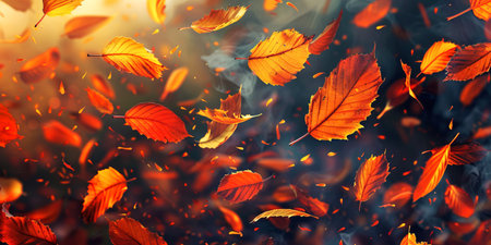 Colorful autumn leaves falling in a forest. Concept of fall season, nature, foliage, outdoor beauty. Festive background. Copy space.の写真素材