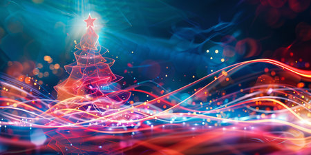 Glowing Christmas tree with dynamic neon lights. Concept of holiday decor, festive illumination, digital art, winter celebration. Background. Banner. Copy space.の写真素材