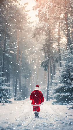 Santa Claus walking in a snowy forest path during winter. Concept of Christmas, holiday season, winter wonderland, festive spirit.. Copy space. Vertical.の写真素材