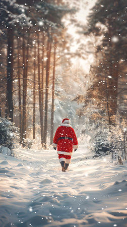 Santa Claus walking in a snowy forest path during winter. Concept of Christmas, holiday season, winter wonderland, festive spirit.. Copy space. Vertical.の写真素材