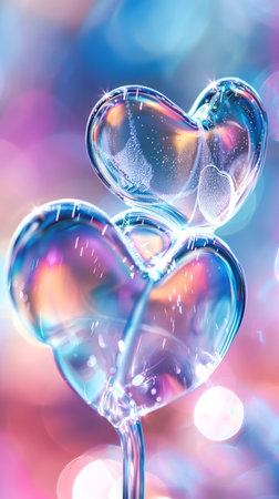 Iridescent heart-shaped soap bubbles against colorful bokeh background. Concept of love, romance, celebration, festive decoration.. Copy space. Vertical.の写真素材