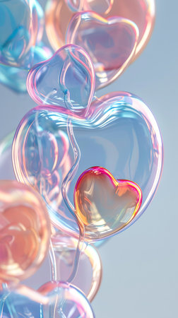 Iridescent heart-shaped soap bubbles floating in the air. Concept of love, romance, whimsy, delicate beauty. Copy space. Vertical.の写真素材