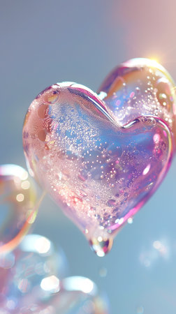 Iridescent heart-shaped soap bubbles floating in the air. Concept of love, romance, whimsy, delicate...