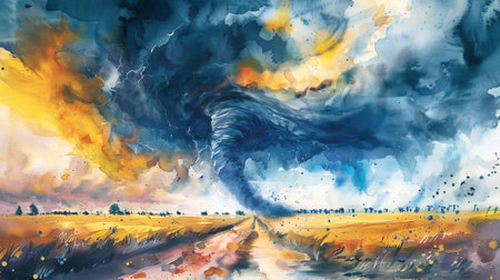 Watercolor painting of a tornado over a field with stormy sky. Concept of natural disaster, extreme weather, storm, landscape art.の写真素材
