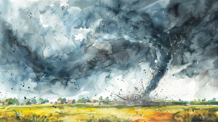 Watercolor painting of a tornado over a field with stormy sky. Concept of natural disaster, extreme weather, storm, landscape art.の写真素材