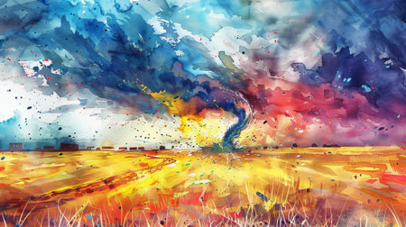 Watercolor painting of a tornado over a field with stormy sky. Concept of natural disaster, extreme weather, storm, landscape art.の写真素材
