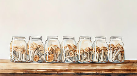 Watercolor art of mushrooms in glass jars on wooden background. Concept of botanical art, mushroom collection, nature illustration, rustic decor.の写真素材