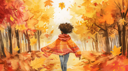 African American woman in a forest during autumn. Concept of nature, smiling, hiking, fall season.の写真素材