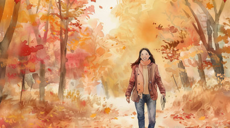 Asian woman walking through an autumn forest in a stylish coat. Concept of fall fashion, nature stroll, seasonal beauty, outdoor relaxation.の写真素材