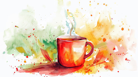 Watercolor art of a steaming hot cup of coffee with colorful splash background. Concept of hot beverage, morning drink, coffee cup, artistic illustration. Copy space.の写真素材