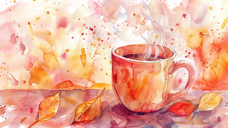 Watercolor art of a steaming hot cup of coffee with colorful splash background. Concept of hot beverage, morning drink, coffee cup, artistic illustration. Copy space.の写真素材