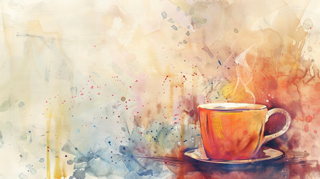 Watercolor art of a steaming hot cup of coffee with colorful splash background. Concept of hot beverage, morning drink, coffee cup, artistic illustration. Copy space.の写真素材