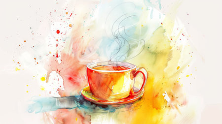 Watercolor art of a steaming hot cup of coffee with colorful splash background. Concept of hot beverage, morning drink, coffee cup, artistic illustration. Copy space.の写真素材
