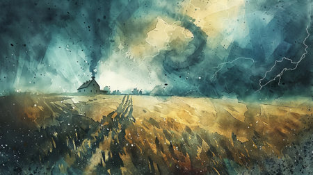 Tornado in a countryside landscape with lightning and storm clouds. Concept of natural disaster, severe weather, rural scenery, watercolor art.の写真素材