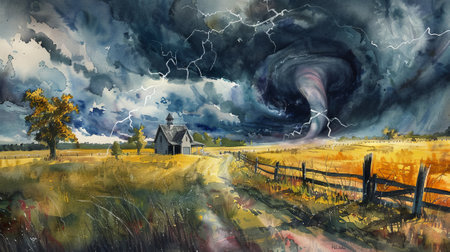 Tornado in a countryside landscape with lightning and storm clouds. Concept of natural disaster, severe weather, rural scenery, watercolor art.の写真素材