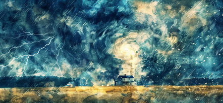 Dramatic watercolor depicting a stormy rural landscape with lightning and rain. Concept of severe weather, countryside, nature, tempest.の写真素材
