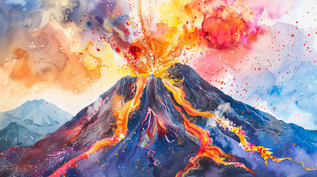 Colorful watercolor painting of a volcanic eruption with lava flow and vibrant sky. Concept of nature's power, geological activity, natural disaster, artistic expression.の写真素材