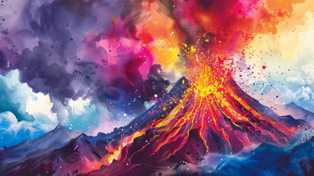 Colorful watercolor painting of a volcanic eruption with lava flow and vibrant sky. Concept of nature's power, geological activity, natural disaster, artistic expression.の写真素材