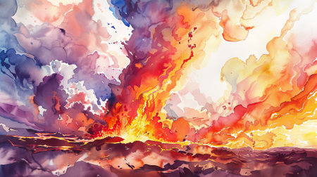 Colorful watercolor painting of a volcanic eruption with lava flow and vibrant sky. Concept of nature's power, geological activity, natural disaster, artistic expression.の写真素材