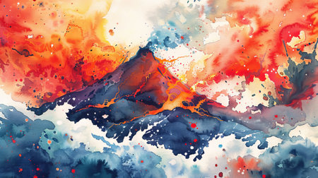 Colorful watercolor painting of a volcanic eruption with lava flow and vibrant sky. Concept of nature's power, geological activity, natural disaster, artistic expression.の写真素材