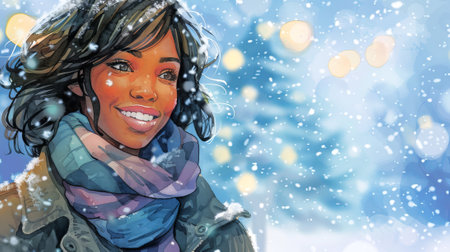 African American woman smiling in a winter scene with snowfall. Concept of woman in snow, cold weather, seasonal portrait, wintertime joy. Watercolor illustration. Copy space.の写真素材