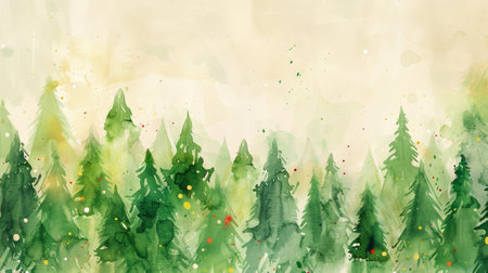 Watercolor illustration of pine trees with snow and abstract background Concept of winter forest, Christmas trees, snowfall, nature art. Copy space.の写真素材