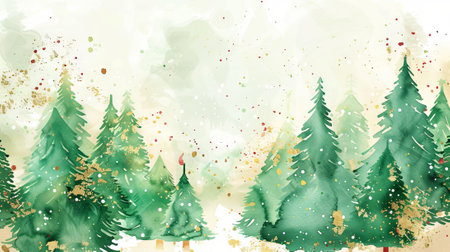 Watercolor illustration of pine trees with snow and abstract background Concept of winter forest, Christmas trees, snowfall, nature art. Copy space.の写真素材
