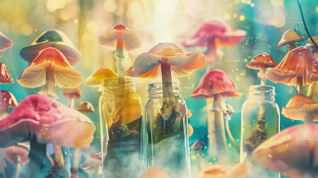 Vibrant mushrooms growing inside glass jars in an abstract fantasy forest landscape. Concept of surreal nature, magic, fungi, whimsical.の写真素材