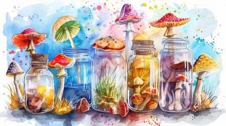 Watercolor painting of preserved botanical elements in glass jars. Concept of botanical art, preservation, artistic display.の写真素材