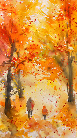 Watercolor art of a family walking in autumn forest with colorful fall leaves Concept of nature, autumn walk, family bonding, watercolor painting. Vertical.の写真素材
