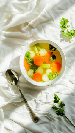 Homemade vegetable soup in white bowl on a draped cloth. Concept of healthy eating, cozy meal, cooking at home. Vertical.の写真素材