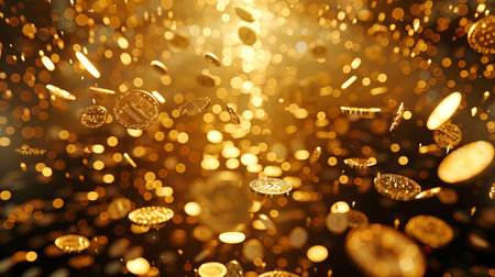 Golden coins falling in a shower of sparks. Concept of wealth, finance, prosperity, golden opportunity. Background.の写真素材