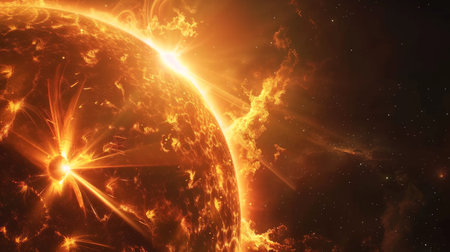 Solar Flare Emission from the Surface of the Sun. Concepts of Solar System, Astronomy, open space,...