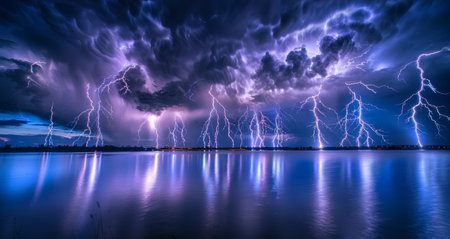 Dramatic Thunderstorm over Lake with Multiple Lightning Strikes. Concepts of nature's power,...
