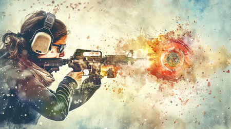 Young woman practicing target shooting with rifle on colorful abstract background, concept of youth...