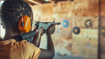 An African American kid in protective earmuffs is shooting at targets in an indoor range. Concept of youth sports, shooting practice, safety, rifle, and skill development.の写真素材