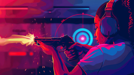 African American woman at a shooting range practicing target shooting, Concept of empowerment,...