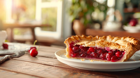 Cherry pie on a wooden table, sunlit kitchen setting. Concept of homemade dessert, baking, cherry season.の写真素材