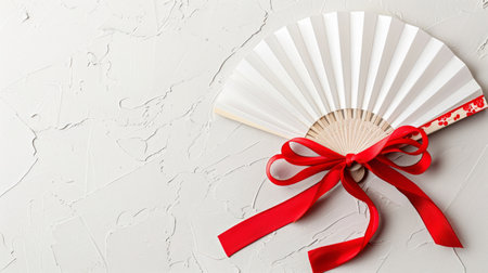 White paper fan with red ribbon on a textured white background. Concept of elegance, simplicity, celebration decoration. Copy space.の写真素材