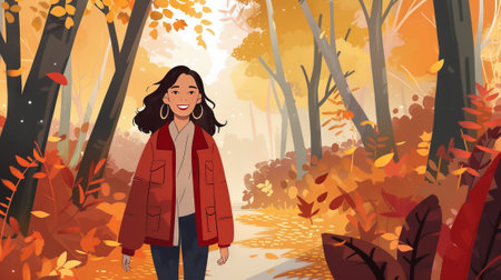 A digital cartoon illustration of a smiling woman dressed in autumn attire, walking through a forest with vibrant fall foliage. Concept of autumn walk, seasonal fashion, nature, and happiness.の写真素材