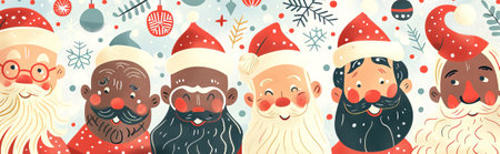 Multicultural Santa Clauses in winter hats on snowy background. Concept of festive season, global cultures, Christmas celebration.の写真素材