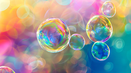 Colorful soap bubbles floating with a blurred multicolored background. Concept of playfulness,...