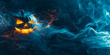 Glowing pumpkin with a sinister smile surrounded by blue and orange mist. Concept of Halloween, holiday decoration, spooky ambiance, autumn festival, jack-o-lantern. Copy space.の写真素材